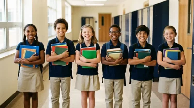 group of happy diverse elementary school students in matching navy blue polo shirts and khaki uniforms standing in bright school hallway holding colorful books and backpacks, smiling at camera, back